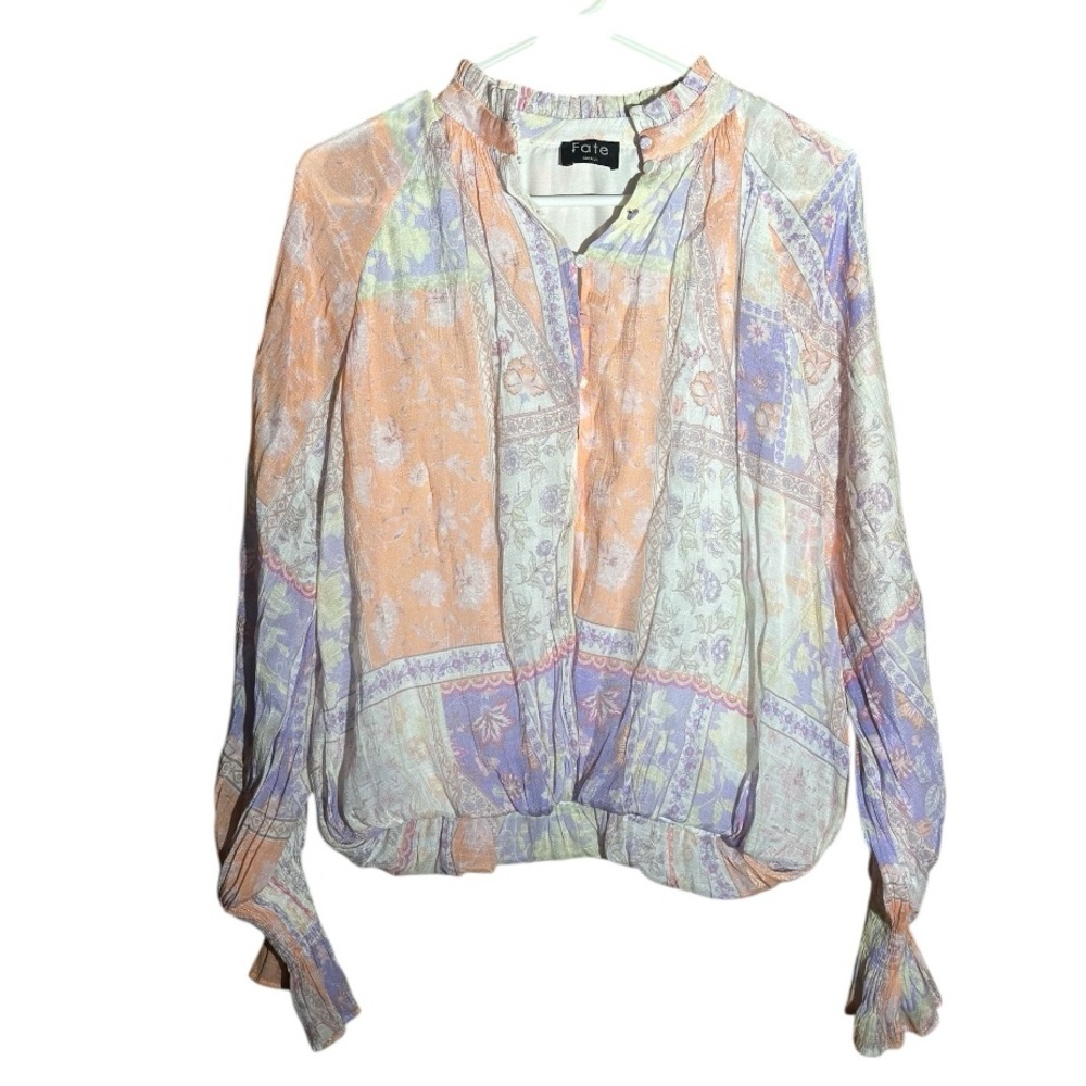 Fate Colorful Patchwork Bubble Sleeve Blouse Size… - image 8